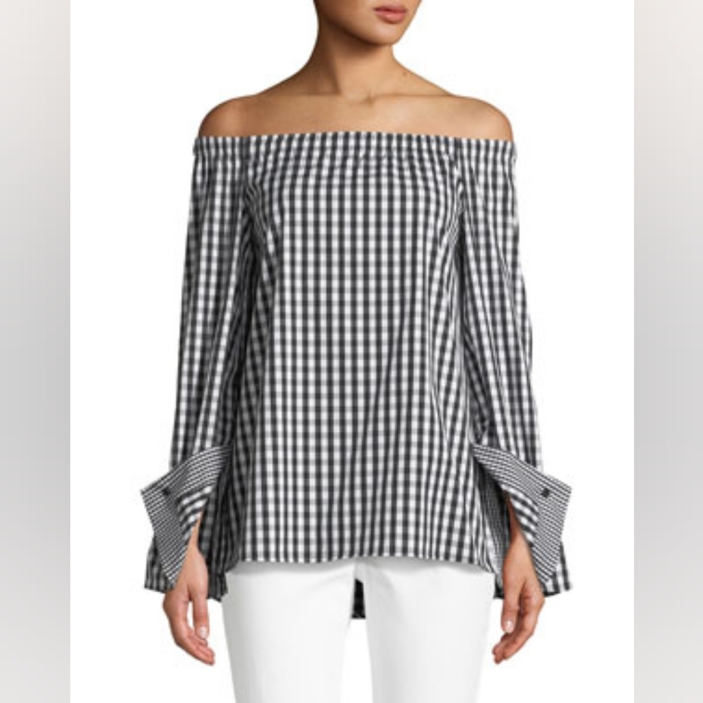 Lafayette 148 New York Black and White Gingham Off-Shoulder Blouse